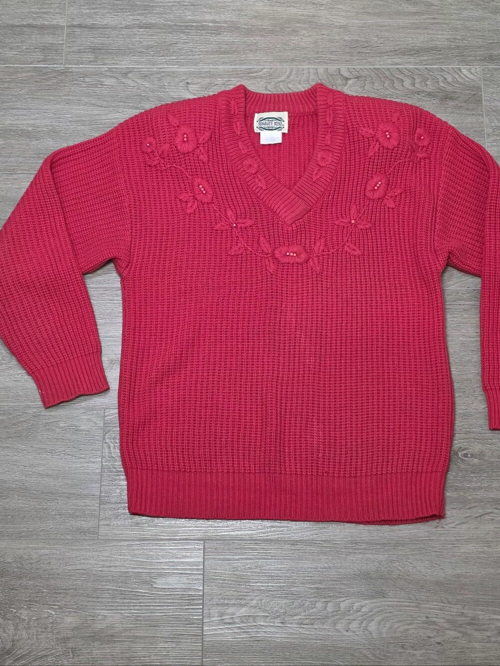 Vintage 80-90's Separate Scene Red Sweater Sz M Ribbed V Neck Floral